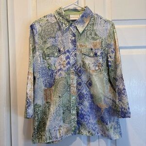 Alfred Dunner Blue and Green Patterned 3/4 Length Sleeve Button Up Top - Size 10